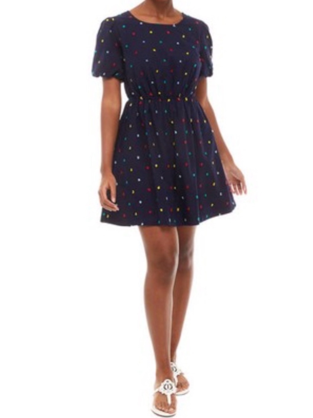 Crown & Ivy Short Puff Sleeve Navy 100% Cotton Rainbow Dot Print Dress Sz Large